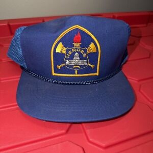 Vintage Trucker Hat Blue Firefighter Torch Patch Capitol Mesh Snapback